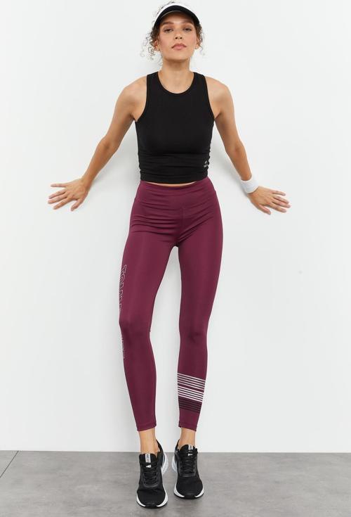 Bordo Yüksek Bel Yazı Baskılı Slim Fit Dar Paça Kadın Tayt - 94544