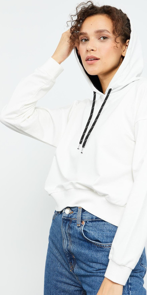 Ekru Uzun Kol Rahat Form Kapüşonlu Kadın Sweatshirt - 97115