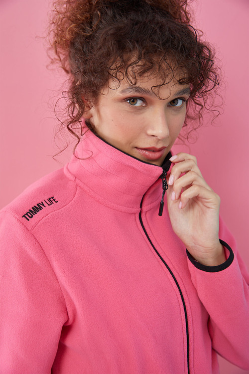 Fuşya Dik Yaka Fermuarlı Rahat Form Kadın Polar Sweatshirt - 97173