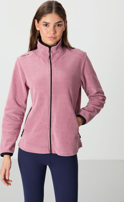 Gül Kurusu Dik Yaka Fermuarlı Rahat Form Kadın Polar Sweatshirt - 97173