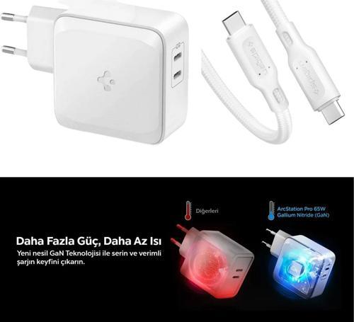 Spigen 65W Notebook Telefon USB-C 2 Port Hızlı Şarj+USB-C to USB-C 1.5 Metre Örgü Kablo