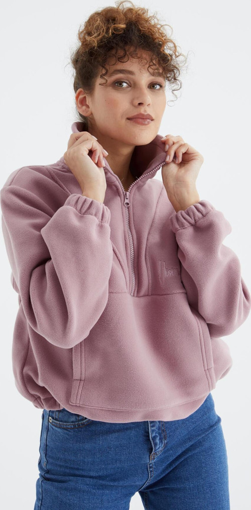 Gül Kurusu Yarım Fermuar Etek Ucu Büzgülü Kadın Polar Oversize Sweatshirt - 97171