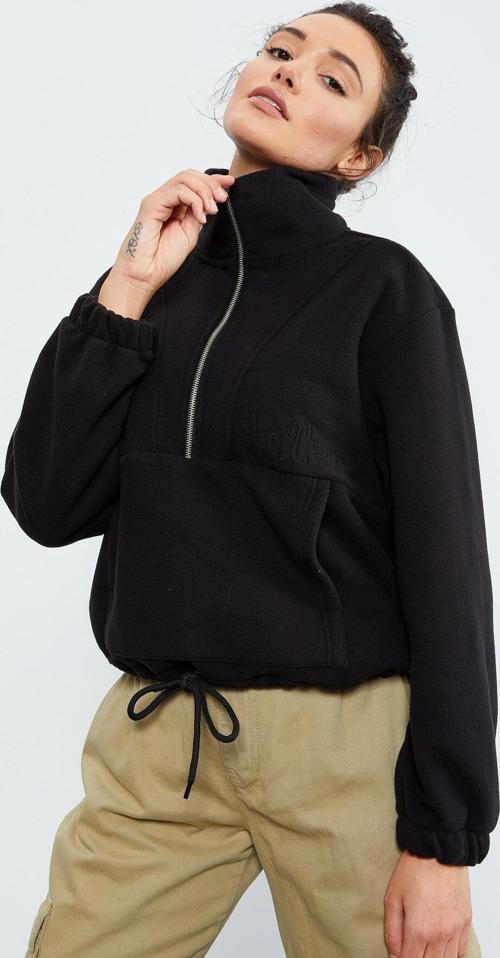 Siyah Yarım Fermuar Etek Ucu Büzgülü Kadın Polar Oversize Sweatshirt - 97171