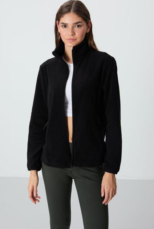 Siyah Dik Yaka Fermuarlı Rahat Form Kadın Polar Sweatshirt - 97173