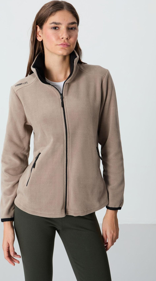 Koyu Bej Dik Yaka Fermuarlı Rahat Form Kadın Polar Sweatshirt - 97173