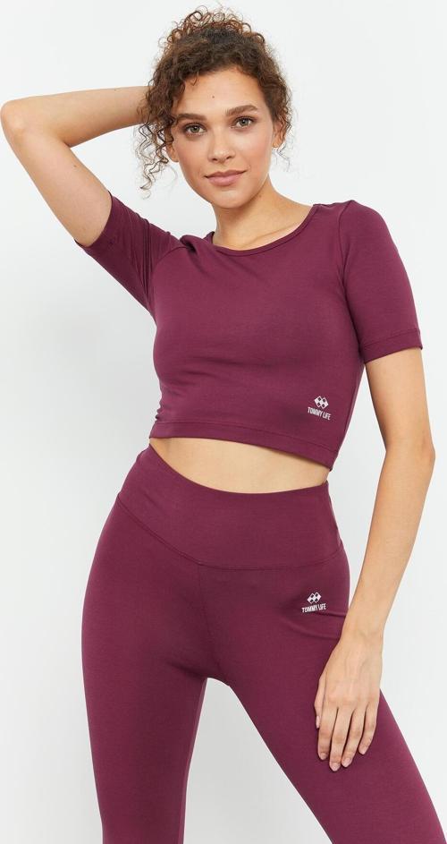 Bordo Kısa Kollu Dar Kalıp O Yaka Kadın Crop Top T-Shirt - 97149