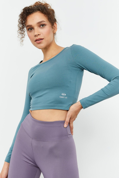 Mint Yeşili Uzun Kollu Dar Kalıp O Yaka Kadın Crop Top T-Shirt - 97150