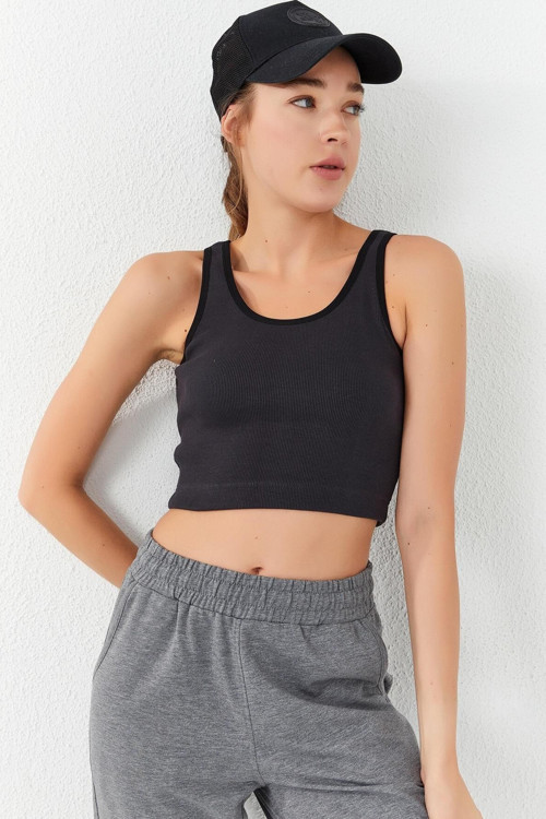Füme Basic Sıfır Kol Dar Kalıp U Yaka Kadın Crop Top Atlet - 97160