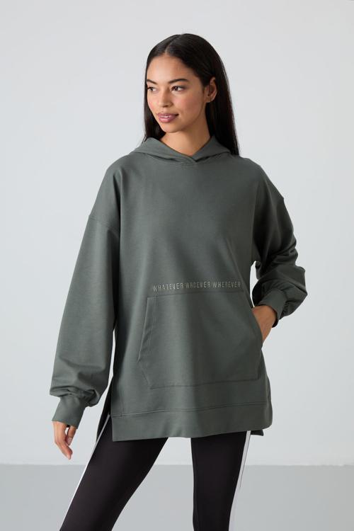 Çağla Balon Kol Yazı Nakışlı Kadın Oversize Tunik Sweatshirt - 97163