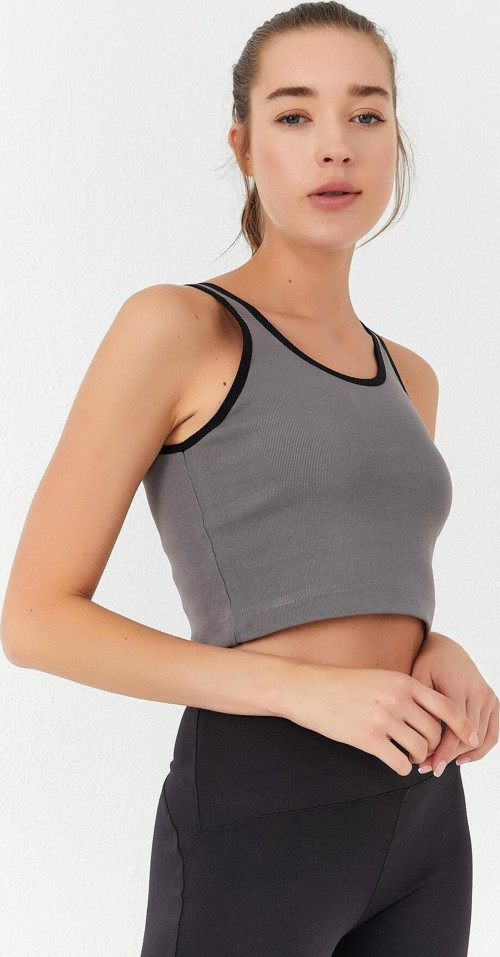 Gri Basic Sıfır Kol Dar Kalıp U Yaka Kadın Crop Top Atlet - 97162