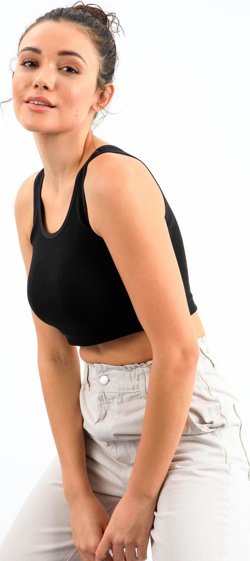 Siyah Basic Sıfır Kol Dar Kalıp U Yaka Kadın Crop Top Atlet - 97162
