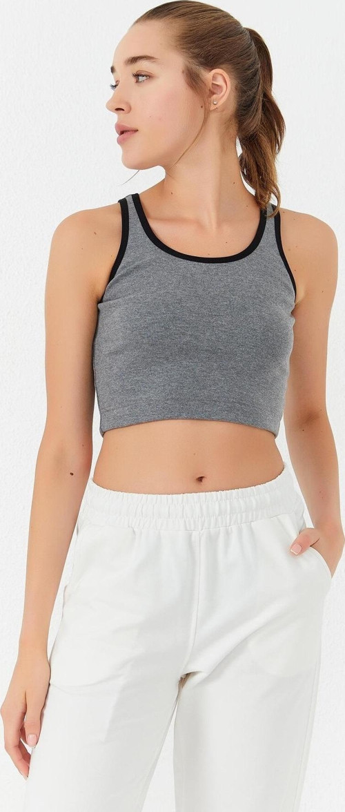 Gri Melanj Basic Sıfır Kol Dar Kalıp U Yaka Kadın Crop Top Atlet - 97162