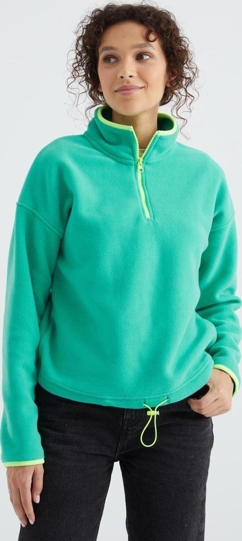 Deniz Yeşili Yarım Fermuar Etek Ucu Büzgülü Dik Yaka Oversize Kadın Polar Sweatshirt - 97234
