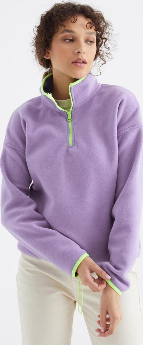 Açık Eflatun Yarım Fermuar Etek Ucu Büzgülü Dik Yaka Oversize Kadın Polar Sweatshirt - 97234