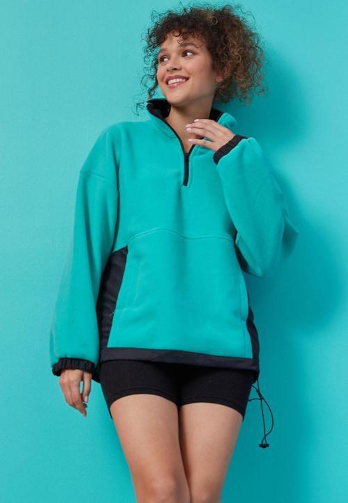 Deniz Yeşili Yarım Fermuar Etek Ucu Büzgülü Dik Yaka  Oversize Kadın Polar Sweatshirt - 97236