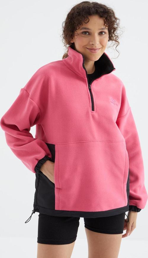 Şeker Pembe Yarım Fermuar Etek Ucu Büzgülü Dik Yaka  Oversize Kadın Polar Sweatshirt - 97236