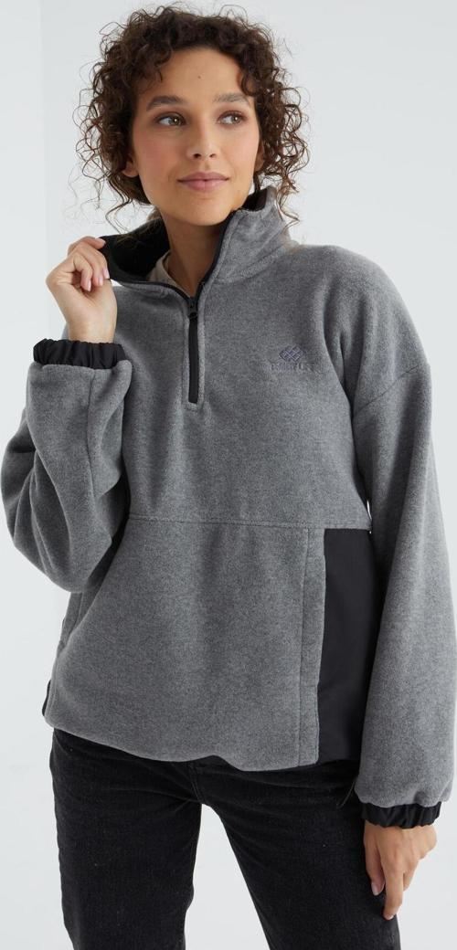 Gri Melanj Yarım Fermuar Etek Ucu Büzgülü Dik Yaka  Oversize Kadın Polar Sweatshirt - 97236