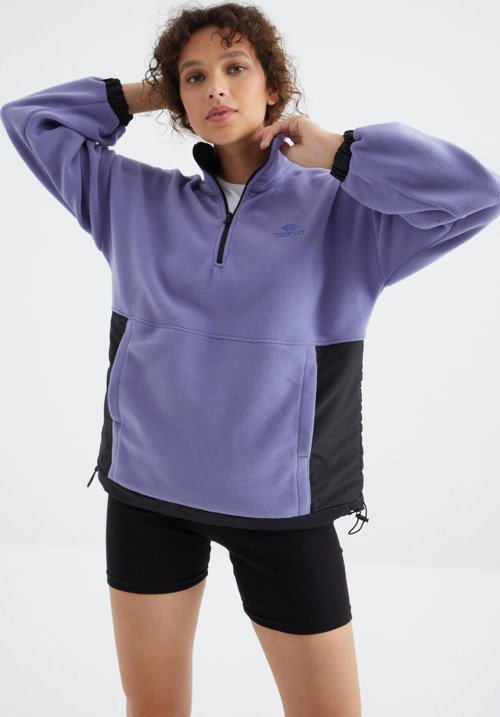 Açık Eflatun Yarım Fermuar Etek Ucu Büzgülü Dik Yaka Oversize Kadın Polar Sweatshirt - 97236