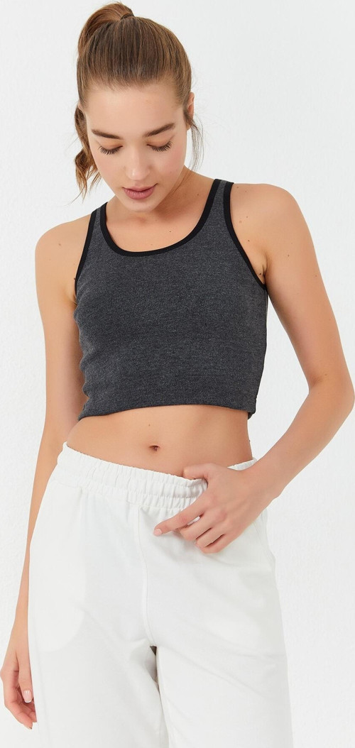 Antrasit Melanj Basic Sıfır Kol Dar Kalıp U Yaka Kadın Crop Top Atlet - 97162
