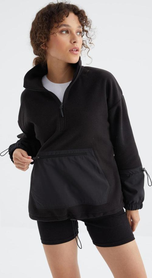 Siyah Etek Ucu Büzgülü Yarım Fermuarlı Oversize Kadın Polar Sweatshirt - 97238