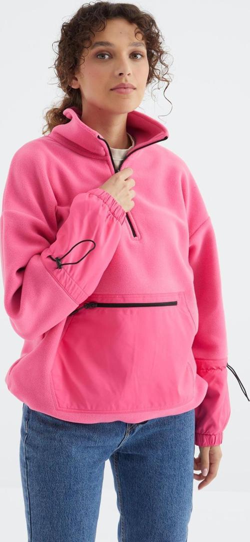 Şeker Pembe Etek Ucu Büzgülü Yarım Fermuarlı Oversize Kadın Polar Sweatshirt - 97238