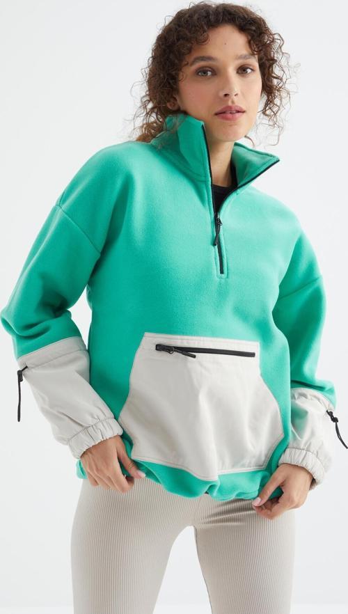 Deniz Yeşili Etek Ucu Büzgülü Yarım Fermuarlı Oversize Kadın Polar Sweatshirt - 97238