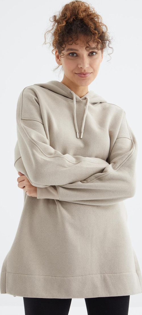 Koyu Bej Reglan Kol Basic Kapüşonlu Oversize Sweatshirt Tunik - 97242