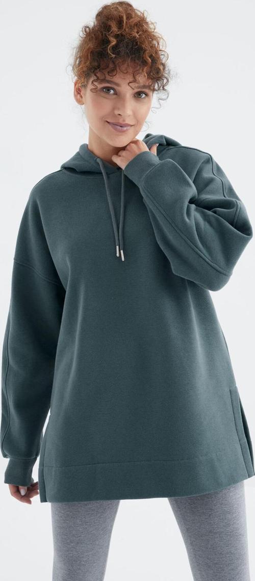 Orman Yeşili Reglan Kol Basic Kapüşonlu Oversize Sweatshirt Tunik - 97242