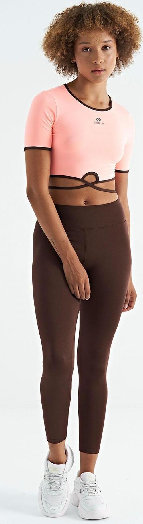 Kahverengi Logo Baskı Detaylı Yüksek Bel Dalgıç Kumaş Slim Fit Kadın Tayt - 94627