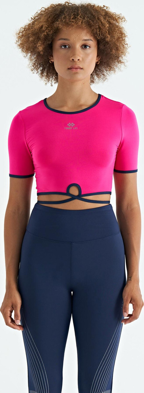 Fuşya Bel Bağlama Detaylı O Yaka Standart Kalıp Dalgıç Kumaş Kadın Crop T-Shirt - 97266