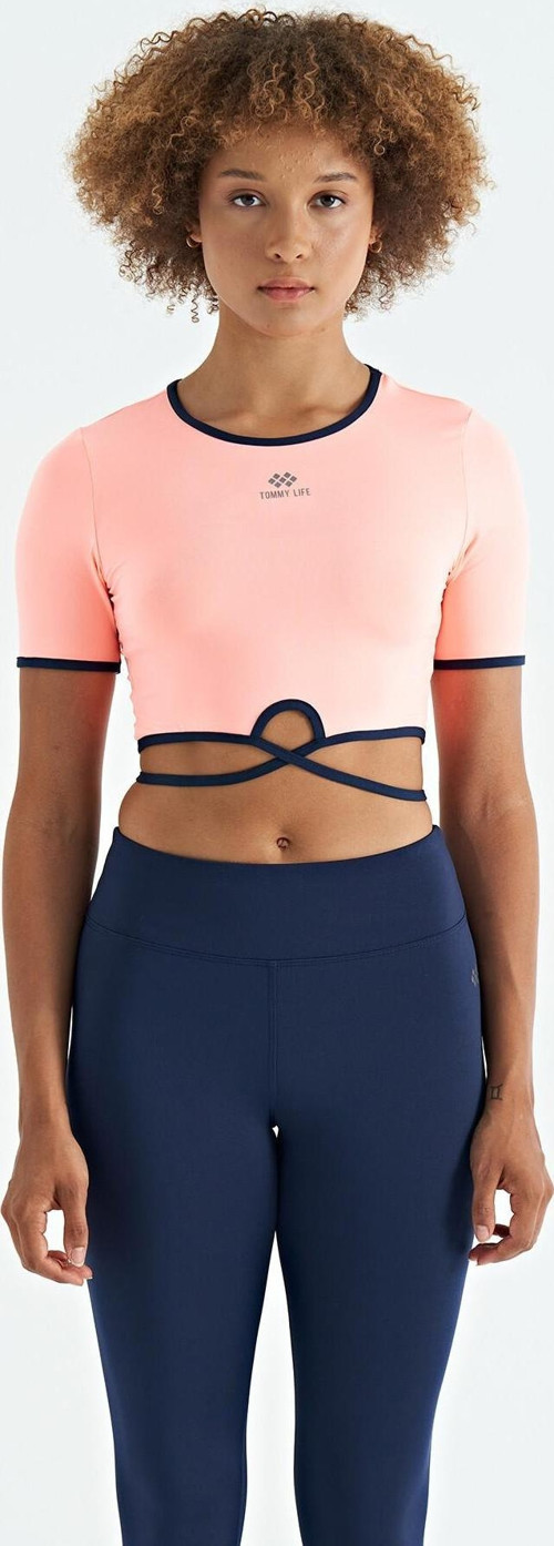 Yavruagzı Bel Bağlama Detaylı O Yaka Standart Kalıp Dalgıç Kumaş Kadın Crop T-Shirt - 97266
