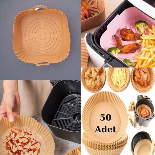 AİRFRYER SİLİKON KARE PİŞİRME KABI KAHVE+50 ADET AİRFRYER TEK KULLANIMLIK PİŞİRME KAĞIDI XL-XXL TABAK