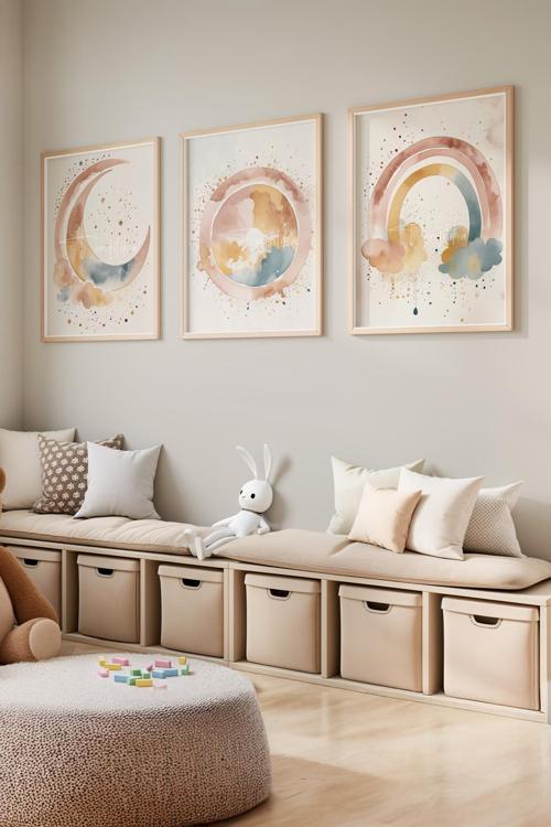 Bebek ve Çocuk Odası Pastel Ay, Güneş ve Gökkuşağı Tema Ahşap Çerçeveli 3'lü Tablo Seti