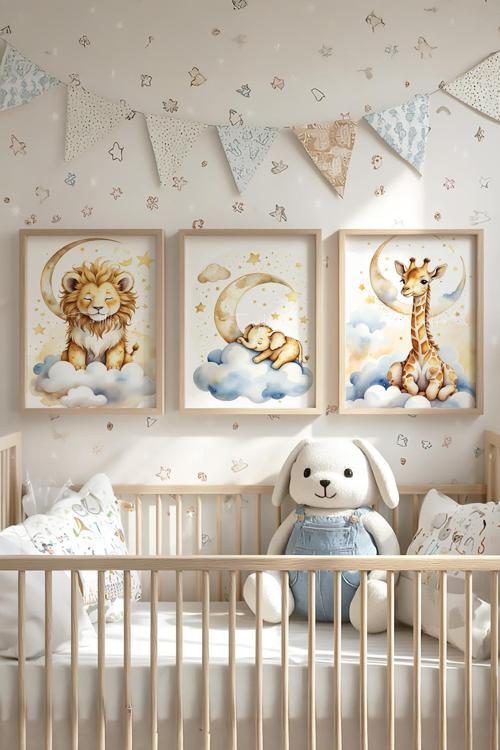 Bebek ve Çocuk Odası Uyuyan Hayvanlar Tema Ahşap Çerçeveli 3'lü Tablo Seti