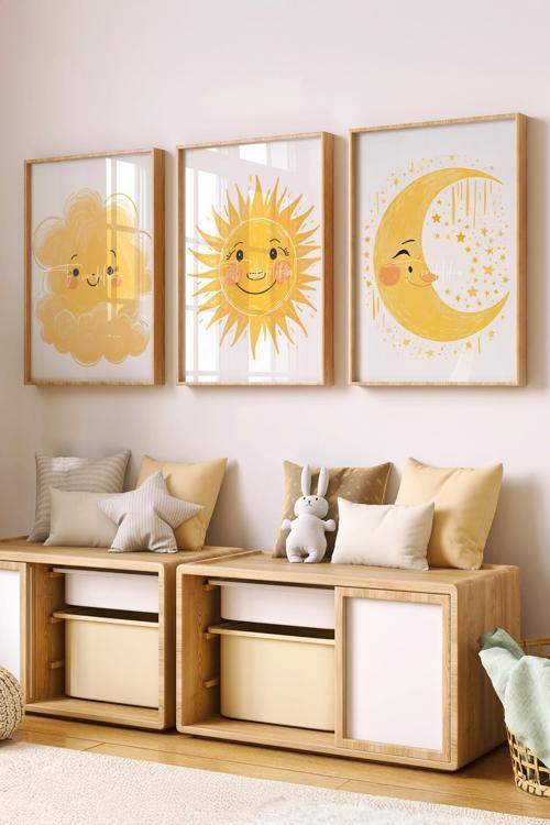 Bebek ve Çocuk Odası Sarı Güneş, Ay ve Bulut Tema Ahşap Çerçeveli 3'lü Tablo Seti