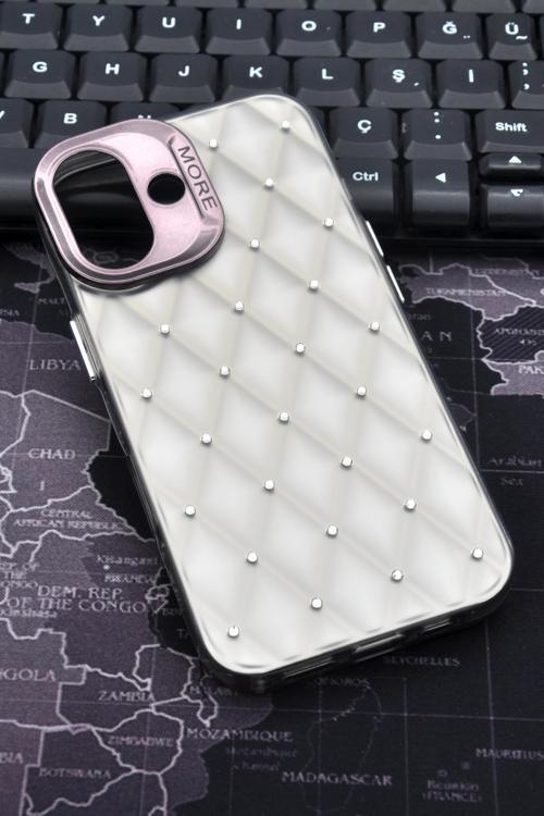 iPhone 16 Uyumlu Baklava Desenli Pırlanta Taşlı Sert Kapak Kılıf Gri