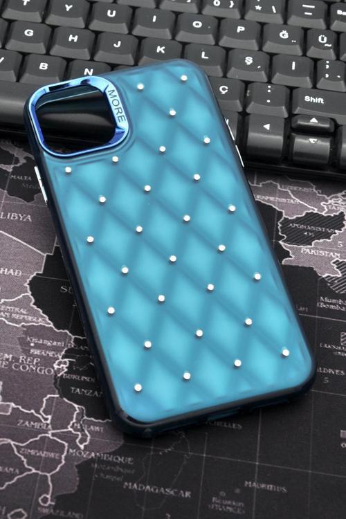 iPhone 11 Uyumlu Baklava Desenli Pırlanta Taşlı Sert Kapak Kılıf Petrol Mavi