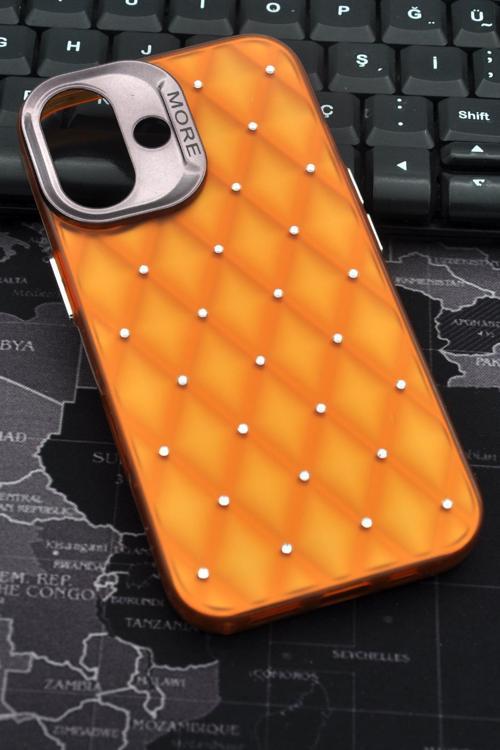 iPhone 16 Uyumlu Baklava Desenli Pırlanta Taşlı Sert Kapak Kılıf Turuncu