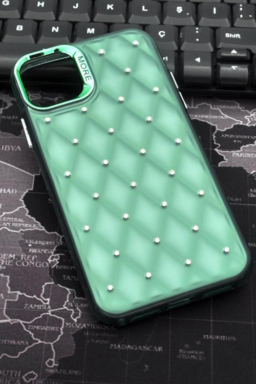 iPhone 11 Uyumlu Baklava Desenli Pırlanta Taşlı Sert Kapak Kılıf Zümrüt Yeşil
