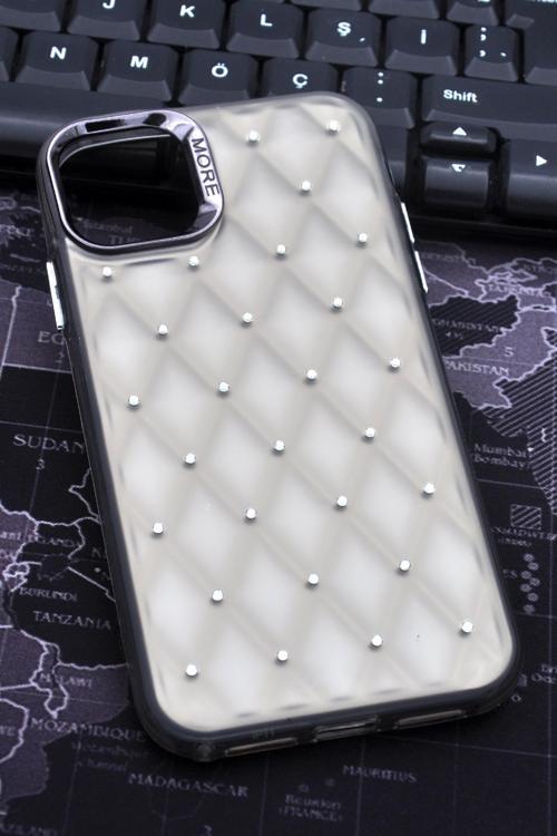 iPhone 15 Uyumlu Baklava Desenli Pırlanta Taşlı Sert Kapak Kılıf Gri