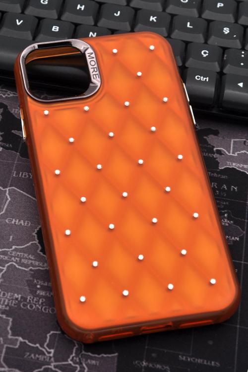 iPhone 13 Uyumlu Baklava Desenli Pırlanta Taşlı Sert Kapak Kılıf Turuncu