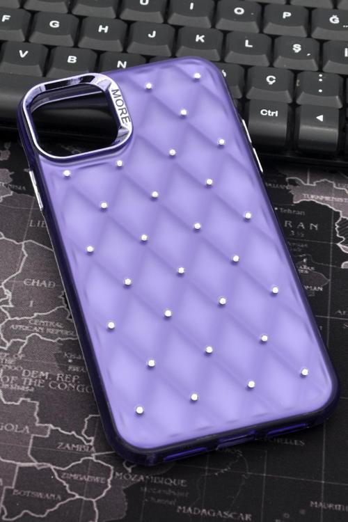 iPhone 15 Pro Max Uyumlu Baklava Desenli Pırlanta Taşlı Sert Kapak Kılıf Mor