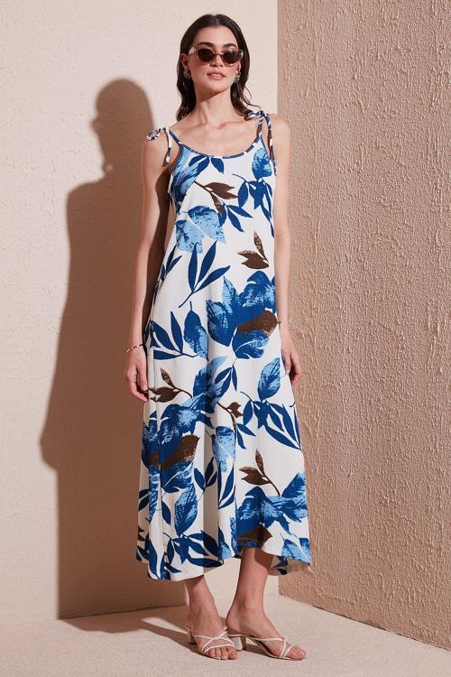 Desenli Oversize Fit Bağlamalı İp Askılı Yuvarlak Yaka Midi Boy Bayan Elbise 5869022 SAKS