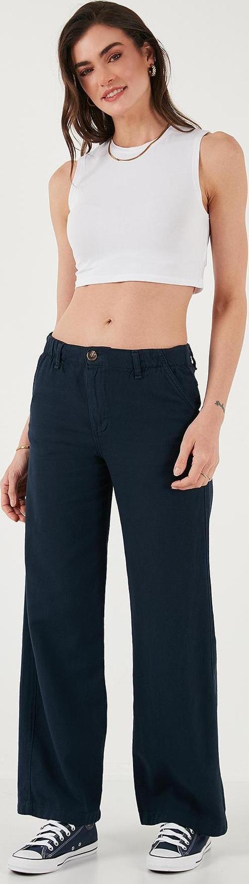 Pamuklu Standart Fit Yüksek Bel Geniş Paça Bayan Pantolon 668YP5193 LACİVERT