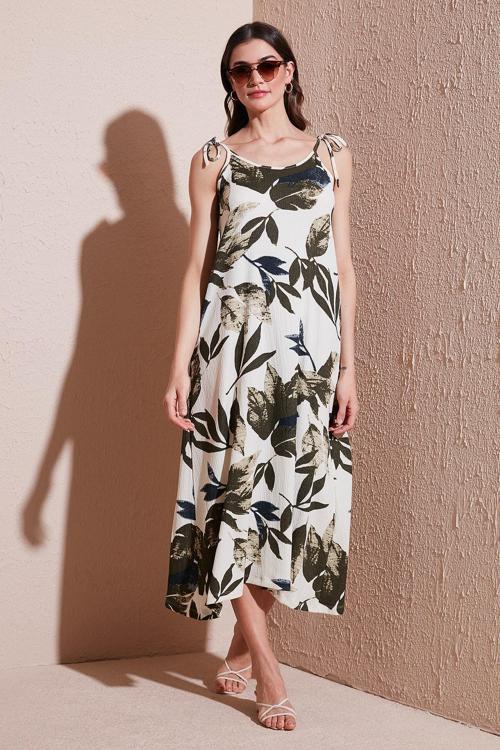 Desenli Oversize Fit Bağlamalı İp Askılı Yuvarlak Yaka Midi Boy Bayan Elbise 5869022 YEŞİL