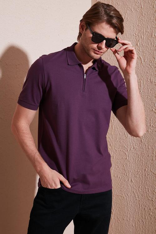 Pamuklu Regular Fit Yarım Fermuarlı Erkek Polo Yaka T Shirt 5901029 MÜRDÜM