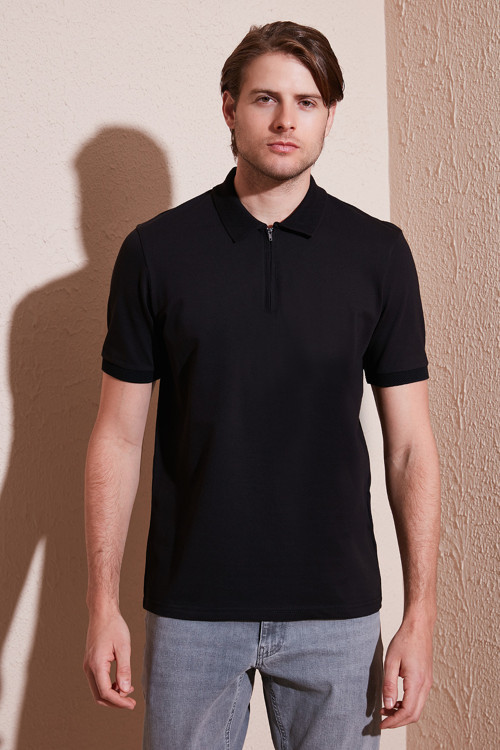 Pamuklu Regular Fit Yarım Fermuarlı Erkek Polo Yaka T Shirt 5901029 SİYAH