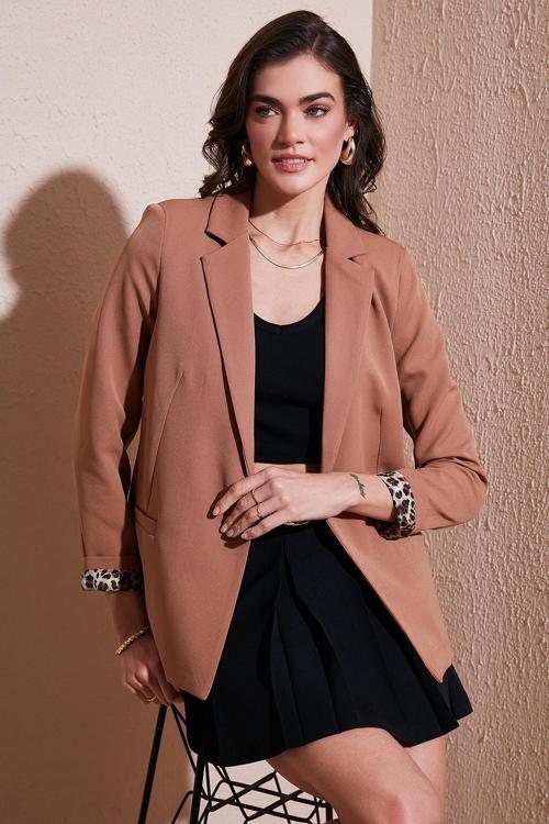 Standart Fit Mono Yaka Desenli Astar Detaylı Blazer Bayan Ceket 6524003 CAMEL