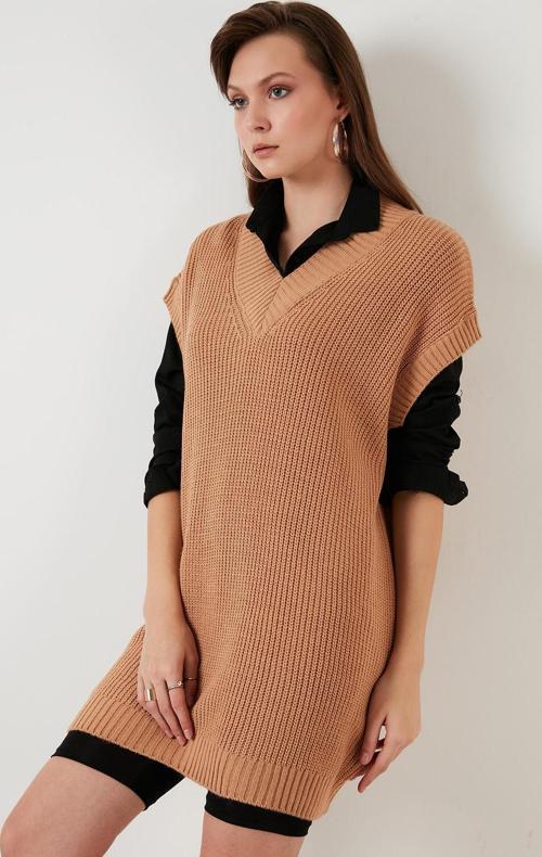 V Yaka Uzun Örme Bayan Süveter 4615062 CAMEL