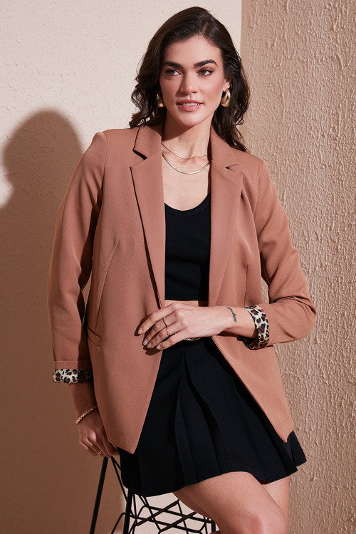 Standart Fit Mono Yaka Desenli Astar Detaylı Blazer Bayan Ceket 6524003 CAMEL